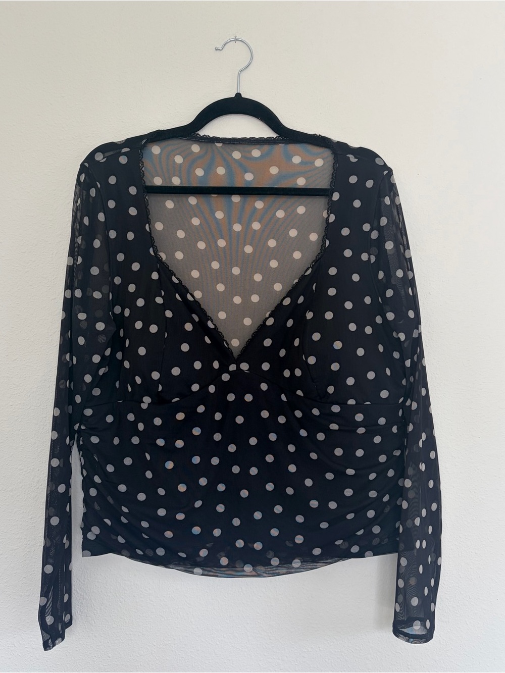 Abercrombie & Fitch Black Sheer Polka Dot Sweetheart Neck Top